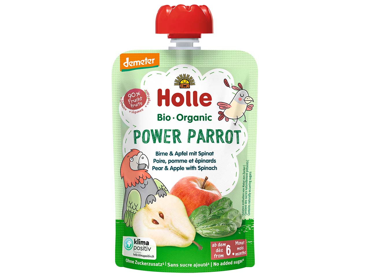 Holle Quetschie Bio-Fruchtmus "Birne, Apfel, Spinat", Power Parrot, ab 6. Monat, 100 g