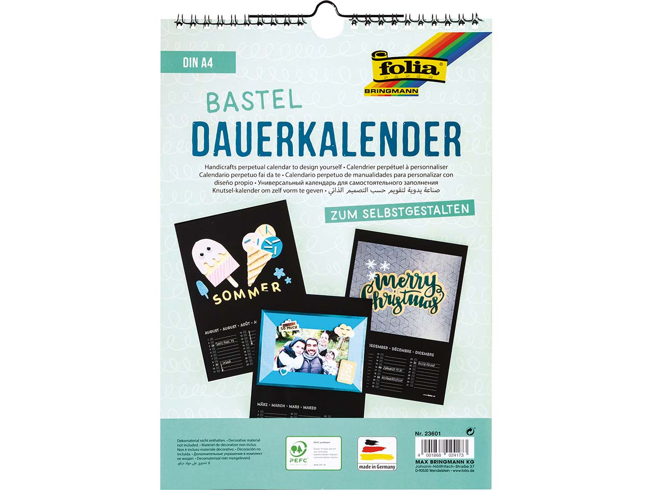 folia Dauerkalender mit Spiralbindung 170g/m², Papier schwarz, Druck silber, DIN A4