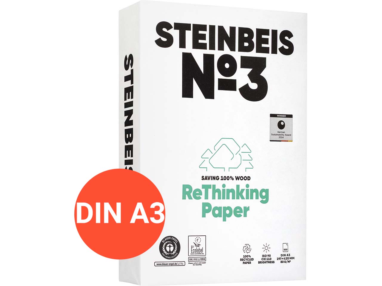 500 Blatt Steinbeis Recycling-Kopierpapier "PureWhite" DIN A3