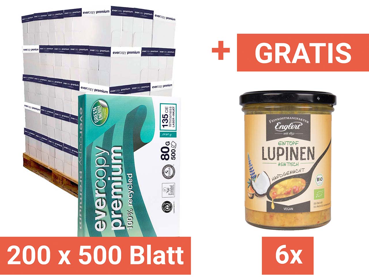 200x500Blatt Multifunkt.Recycl.-Kopierpapier"EvercopyPremium"DINA4+GratisBioAsiatischerEin