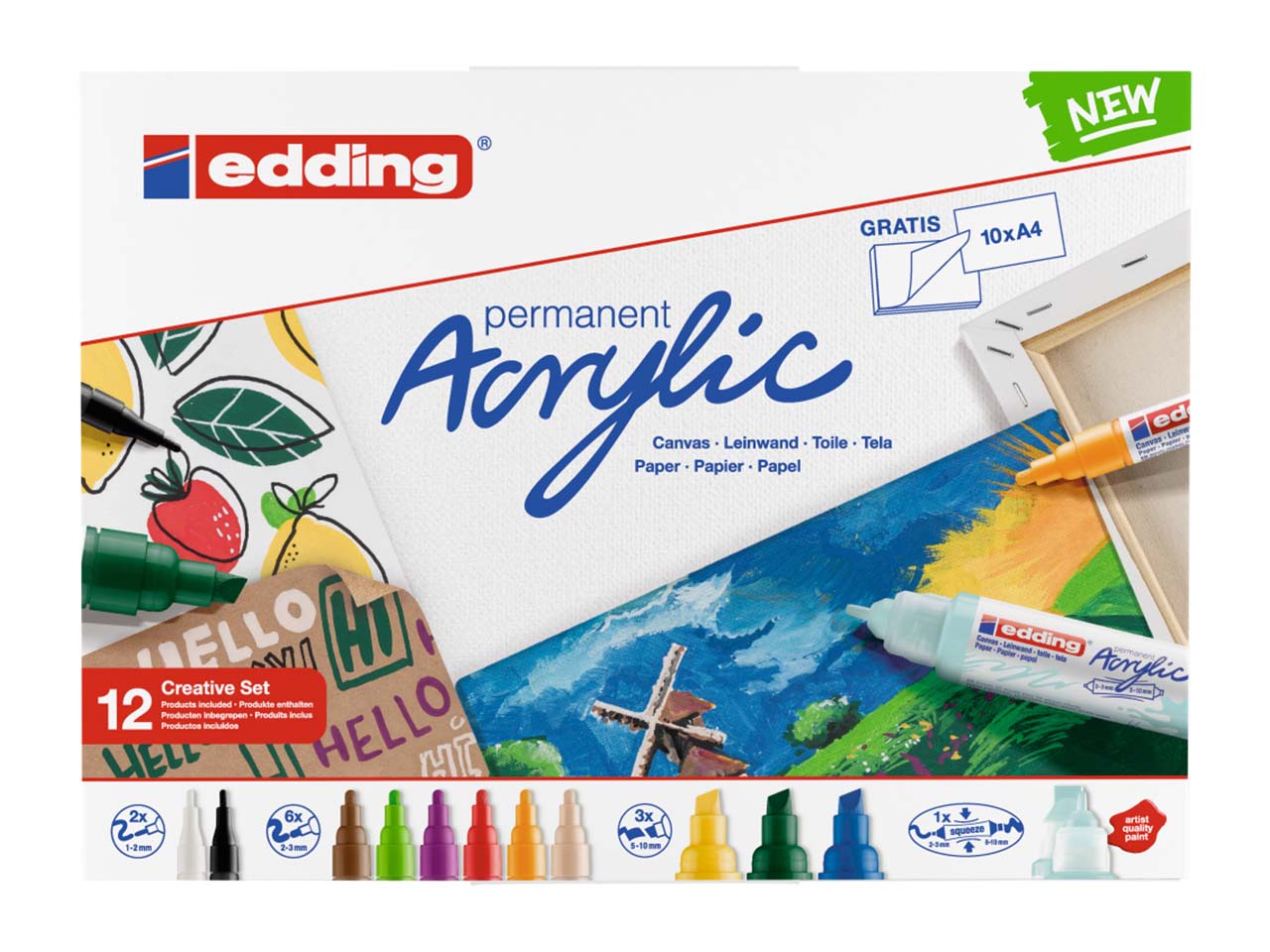 12er Set edding Acrylmarker "Acrylic" Kreativset Basic, farbig sortiert