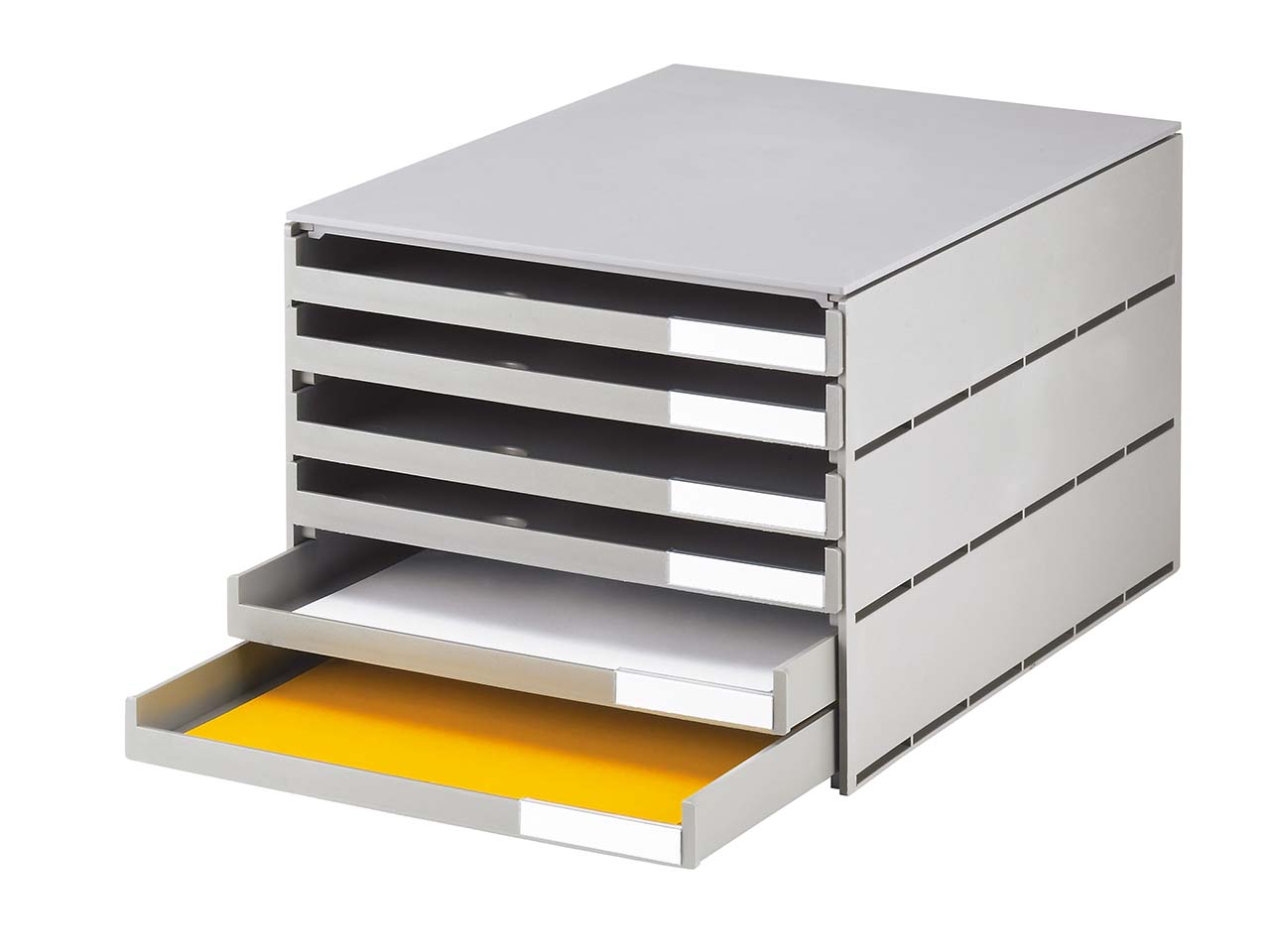 Styroval pro Box mit 6 Schubladen offen,  oeko-grau