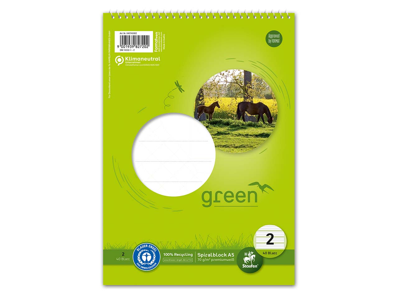 Staufen Spiralblock "green" DIN A5, 40 Blatt, 70 g/m², Lineatur 2, Kontrastlineatur