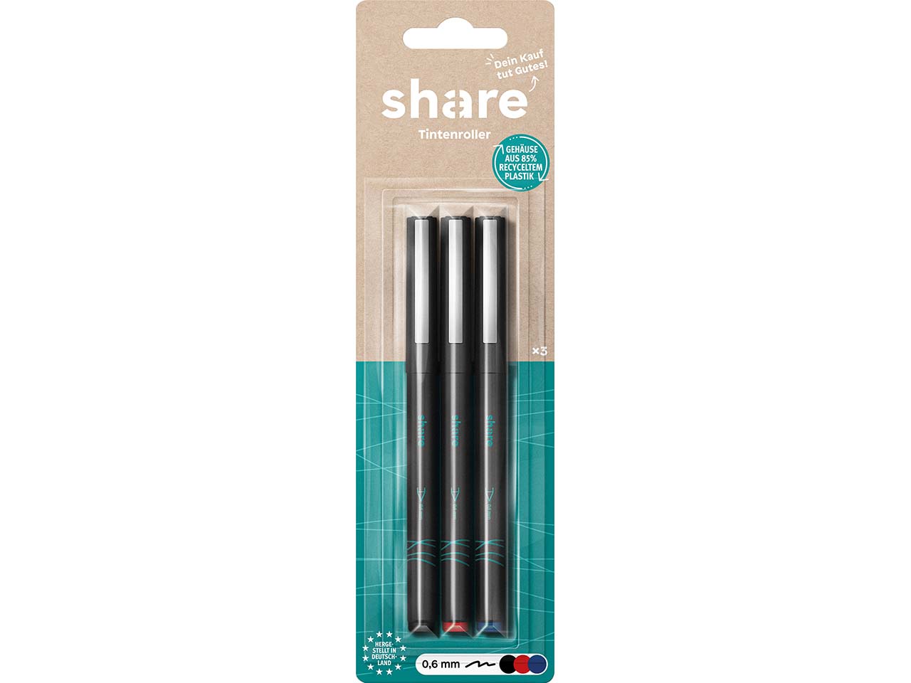 share Tintenroller 3er-Set, schwarz, rot, blau