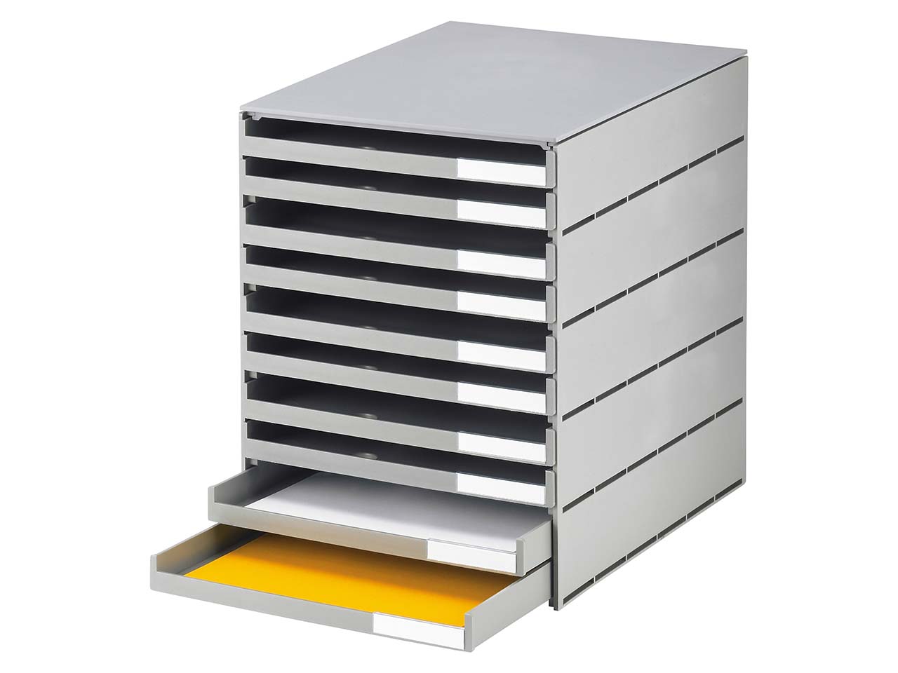 Styroval pro Box mit 10 Schubladen offen, oeko-grau