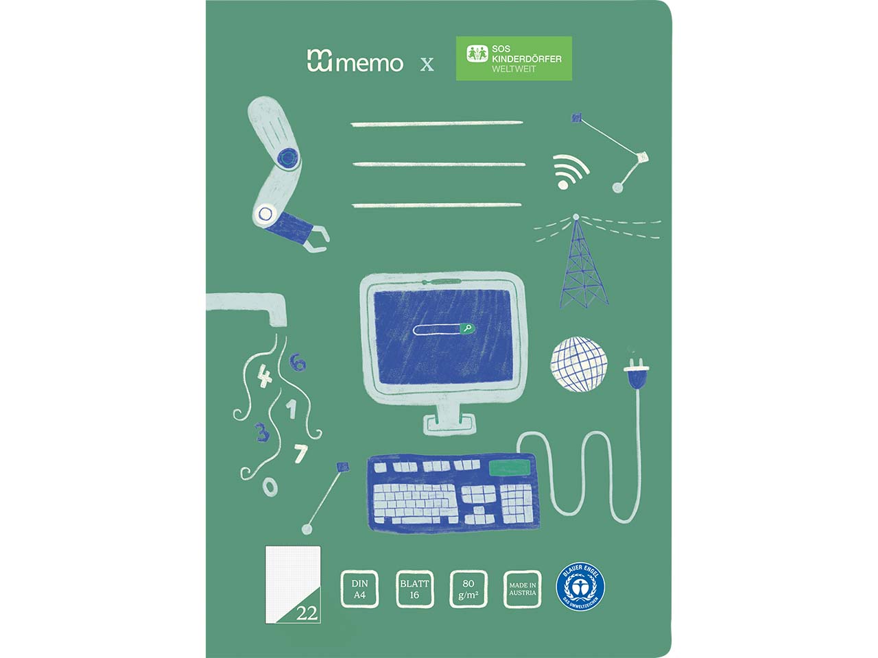 memo x SOS-Kinderdörfer weltweit Schulheft DIN A4, 16 Blatt, Lin. 22
