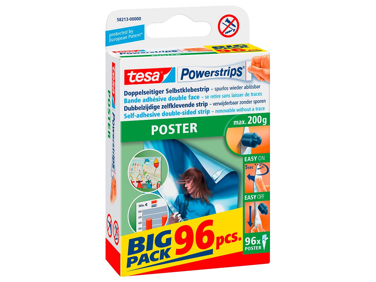 tesa Doppelseitige Selbstklebestrips 'Powerstrips' Poster Big Pack, 96 Stk.