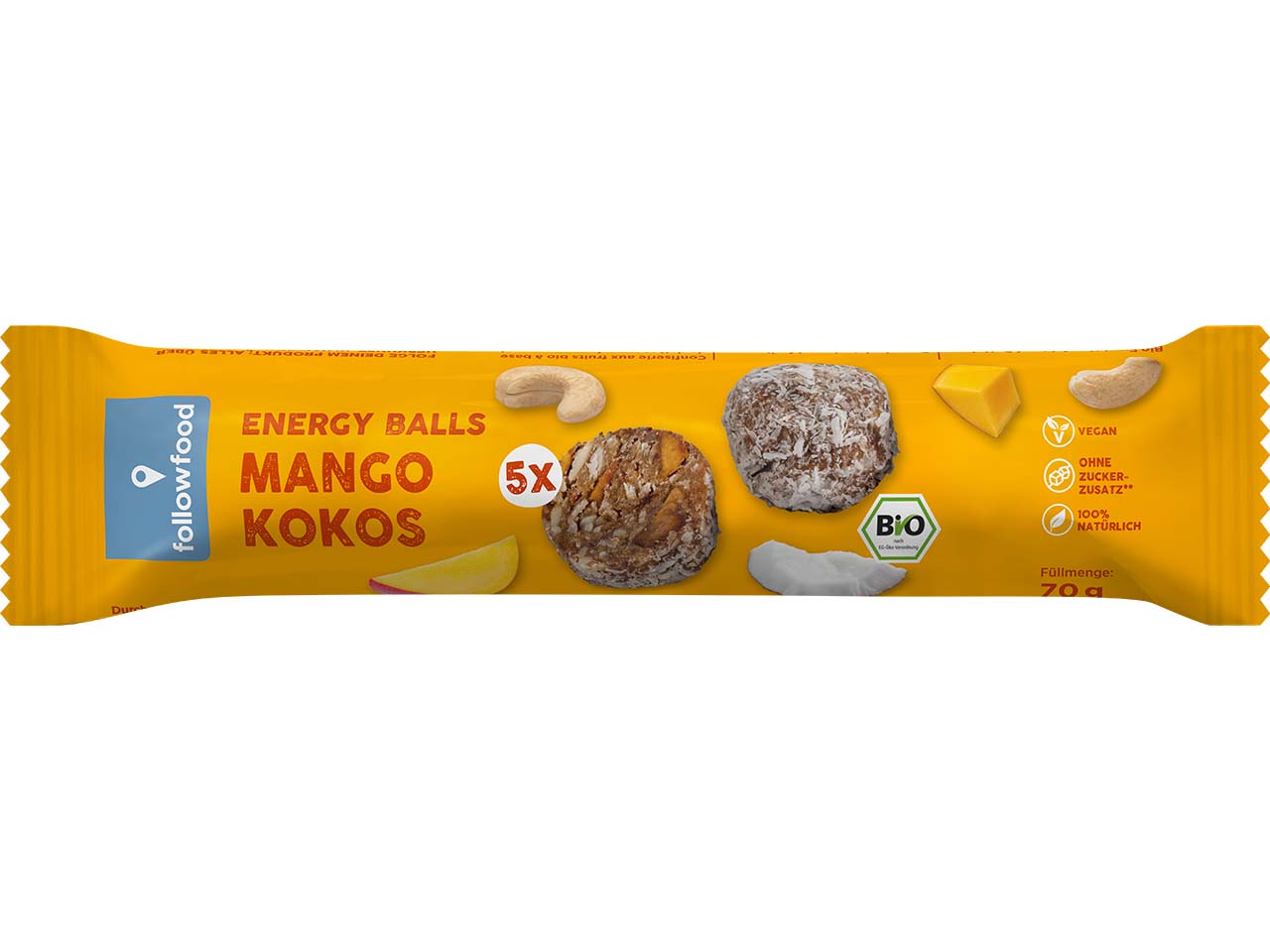 followfood Bio-Fruchtkugeln Mango und Kokos, Energy Balls, 64 g