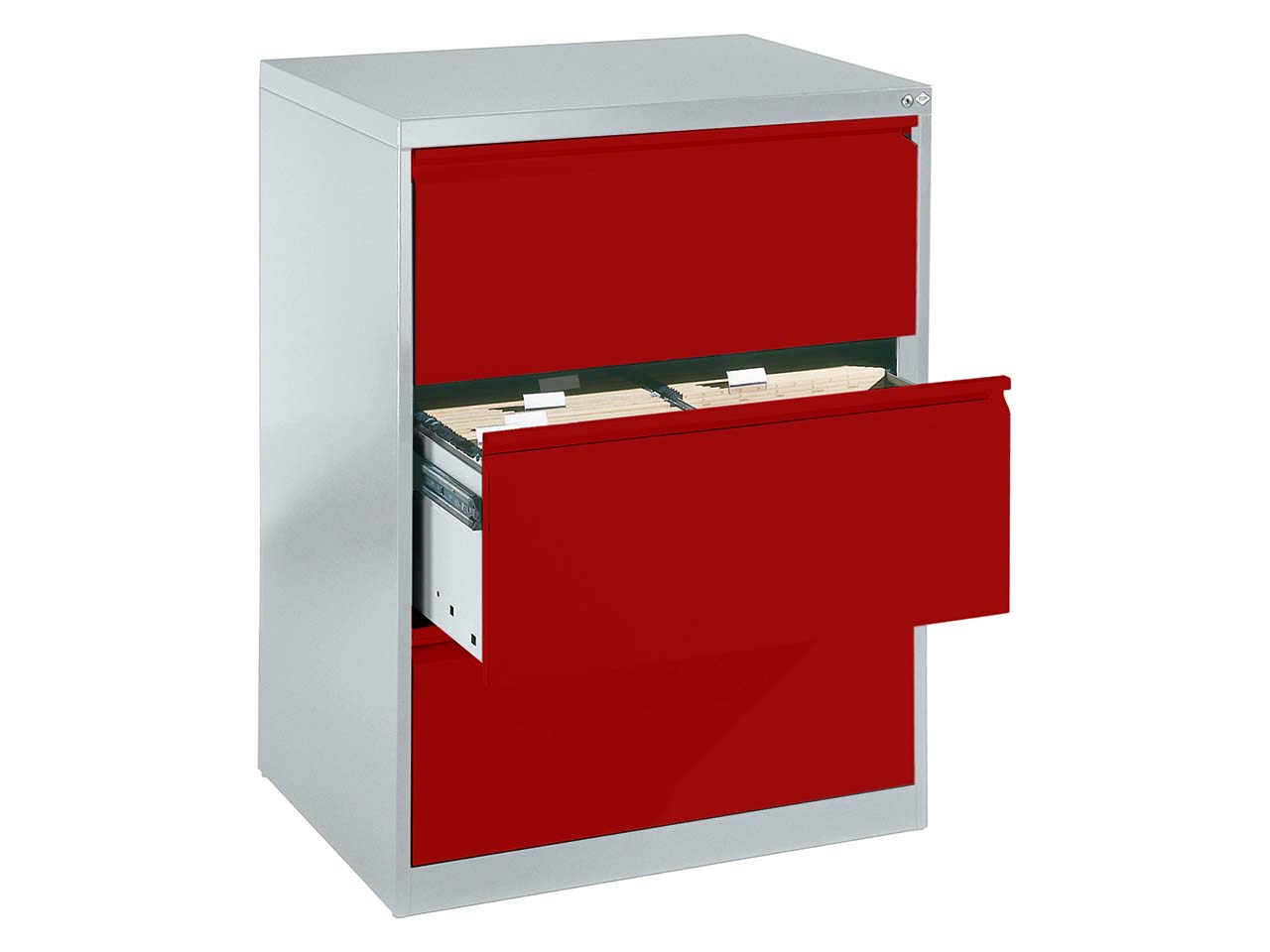 Hängeregistraturschrank zweibahnig, 3 Schubladen lichtgrau/rubinrot