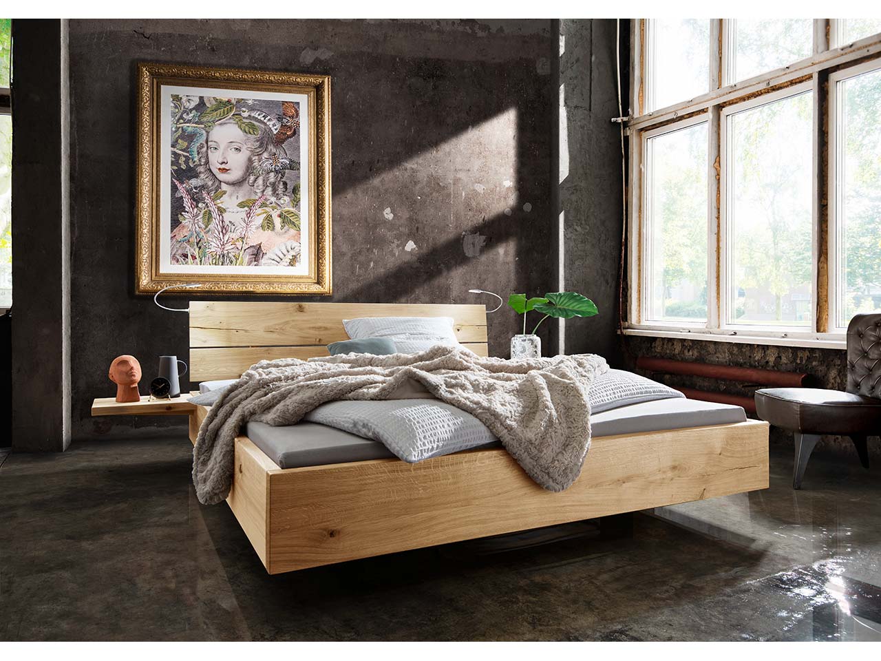 Forestales Schwebe-Massivholzbett "New York" 180 x 200 cm, inkl. KT, 2 Häko, H45 cm, Eiche