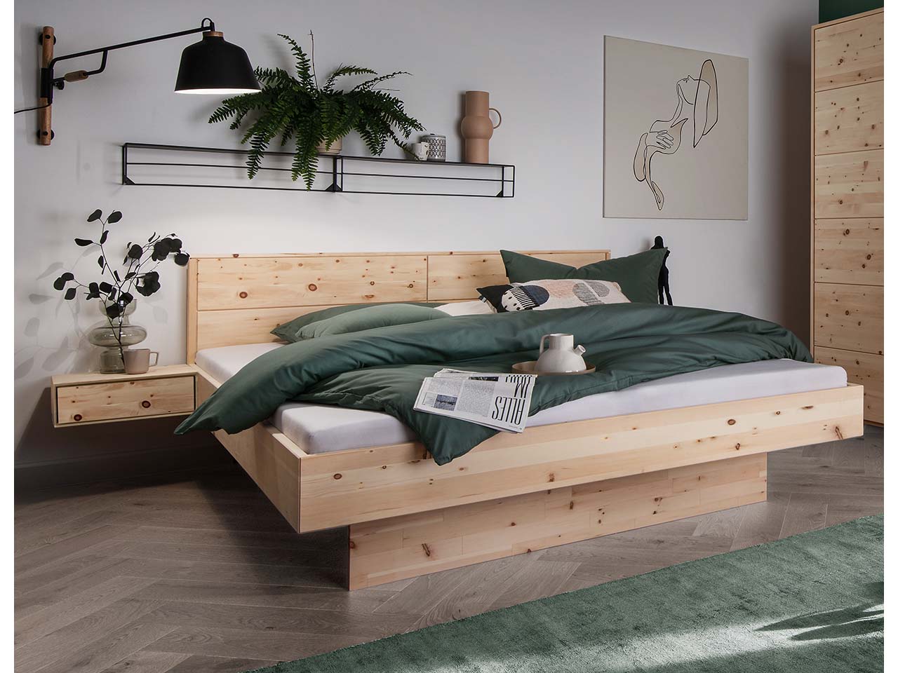 Forestales Massivholzbett "Roseville" 140 x 200 cm, mit Kopfteil, Zirbe
