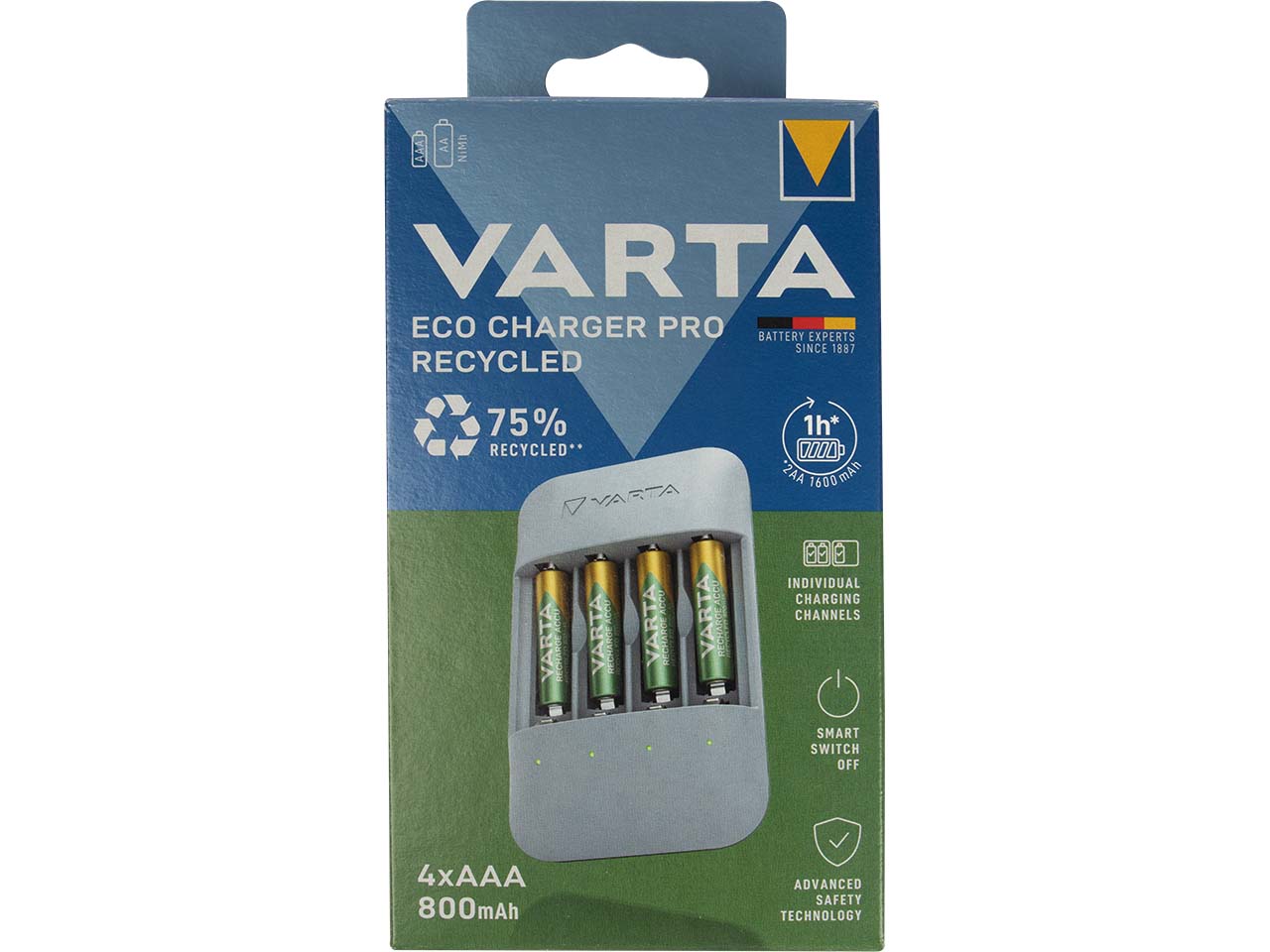 Varta Ladegerät "Eco Pro" inkl. 4 Varta Akkus "Recycled" Micro AAA, 800 mAh, USB-C Ladeka.