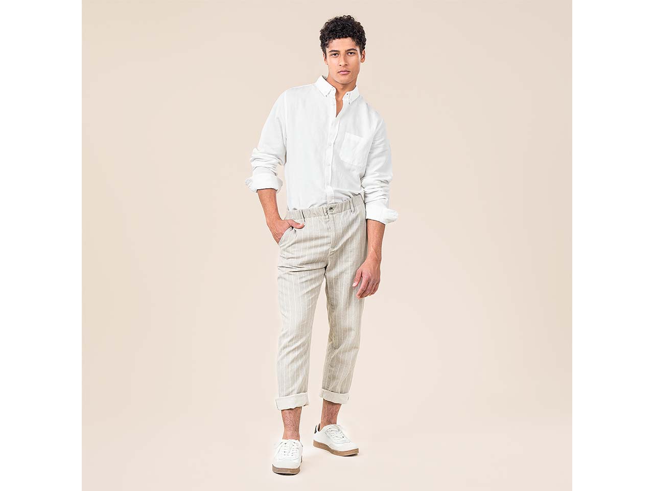 Living Crafts Herren-Leinen-Hose "OLEG" mit Taschen, natural/pinstripe, Gr. 31R
