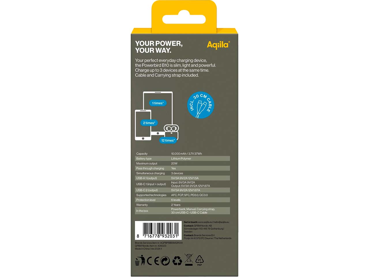 Aqiila Powerbank "Powerbird B10" 10.000 mAh, moosgrün