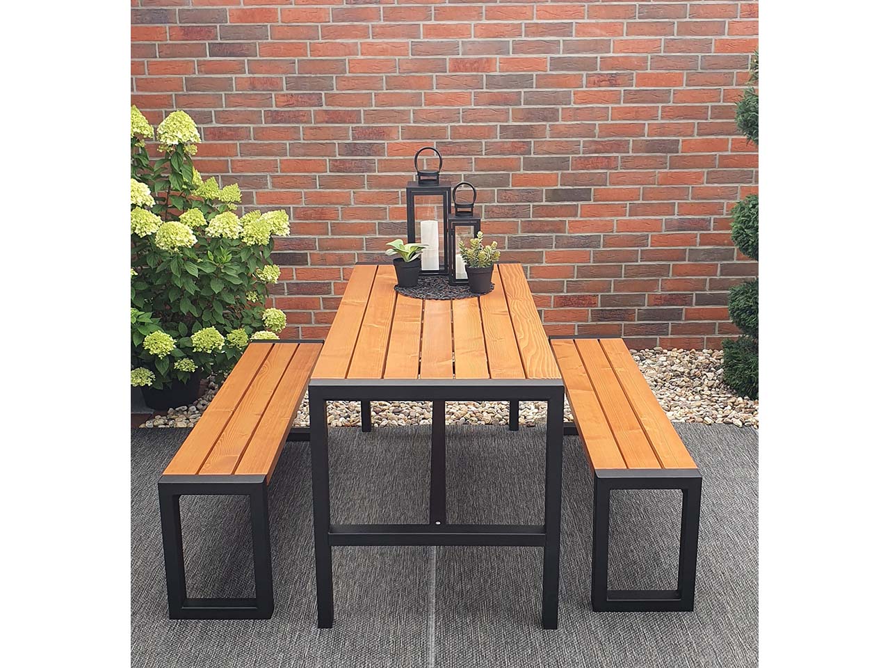 Promex Gartenmöbel-Set, 2 Bänke, 1 Tisch massive Kiefer, Stahl