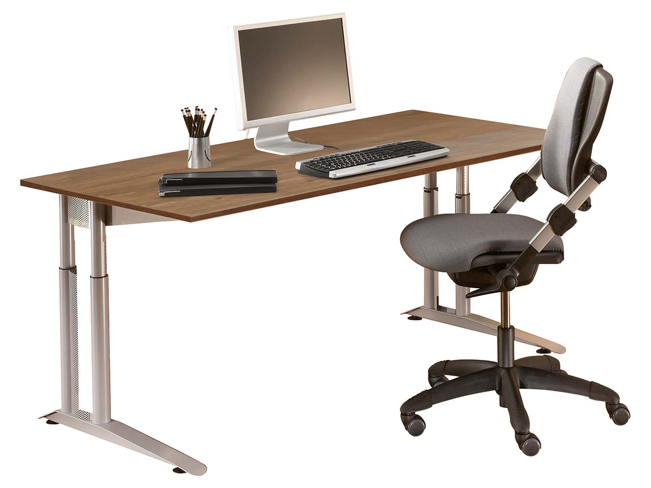 Schreibtisch "CONTACT Pure" höhenverstellbar, 120 x 80 cm, silber, Robinie geölt