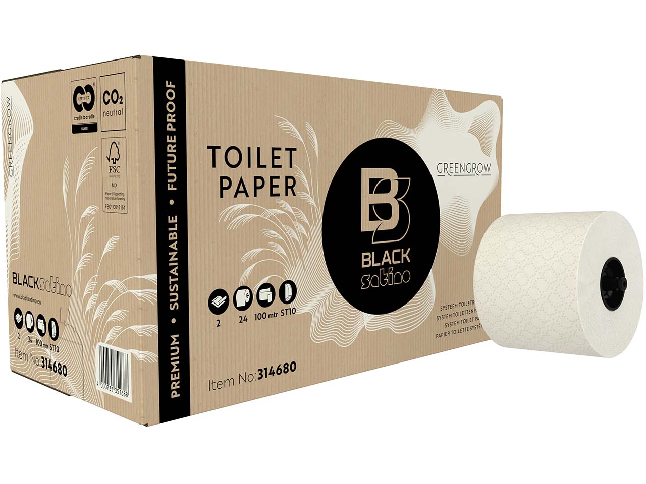 BlackSatino Toilettenpapier "GreenGrow" Kompaktrollen, 2-lagig, 24 Stk.