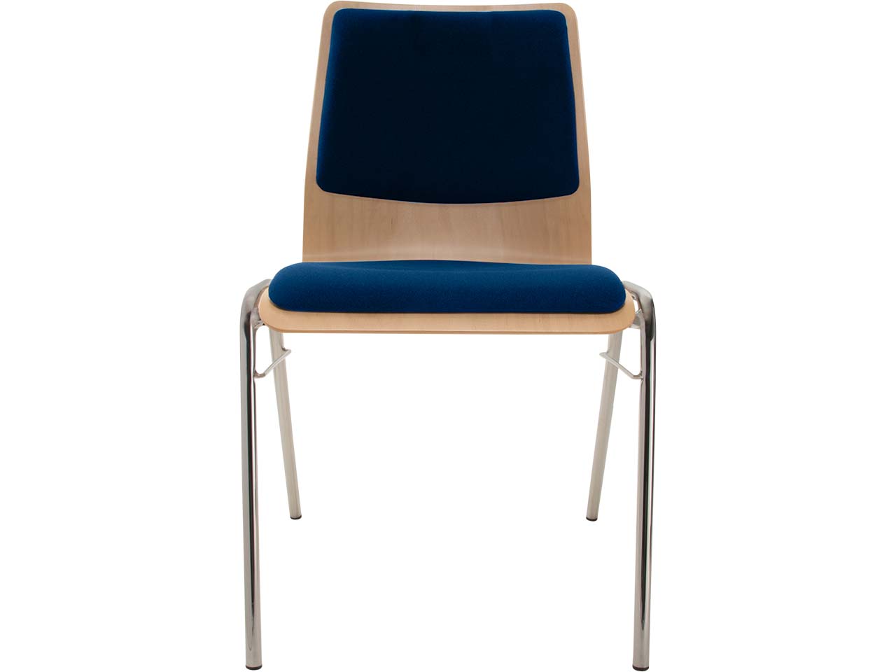 Besucherstuhl "A1" Buche lackiert, Gestell verchr., Steg, Sitz- und Rückenpolster blau