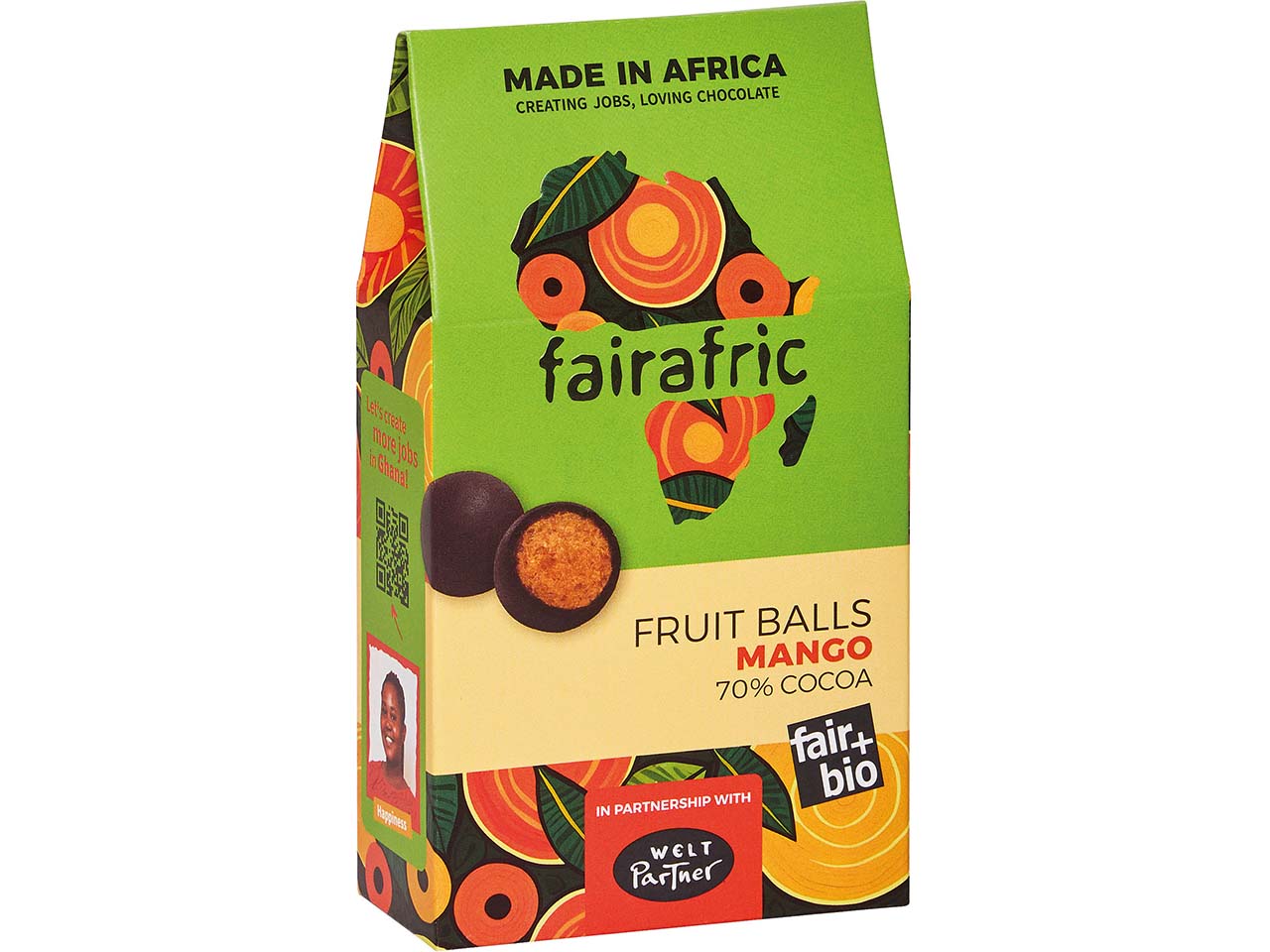 fairafric Vegane Bio-Mango-Fruchtkugeln "Fruit Balls" mit Zartbitterschokolade, 100 g