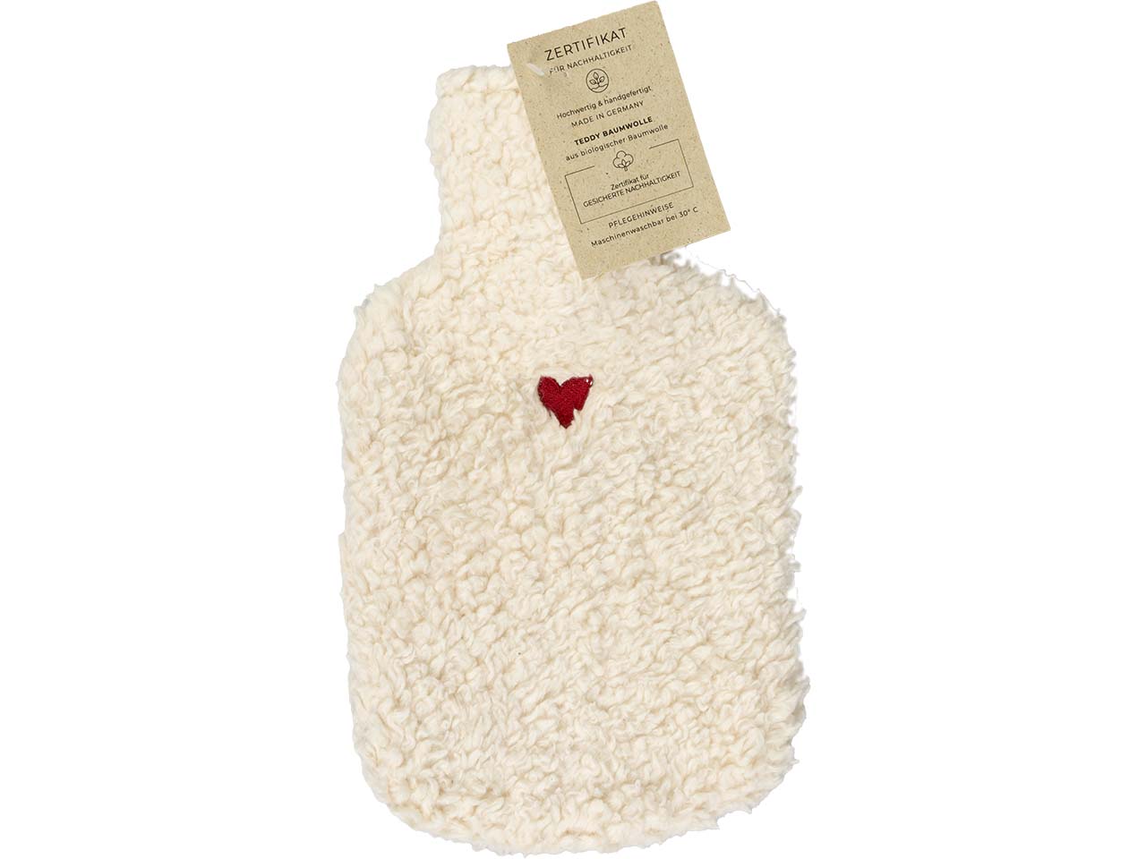 Wärmflasche "Melly" mit Bezug aus Bio-Baumwolle, weiß, mit Herz bestickt, 0,8 l