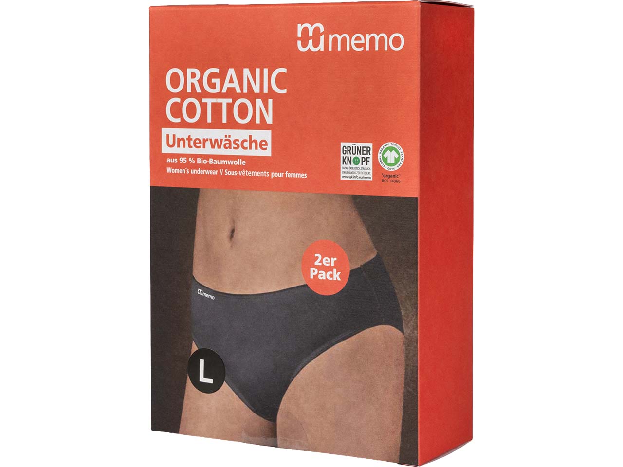 memo Damen-Slips aus Bio-Baumwolle, 2er Pack, schwarz, Gr. L