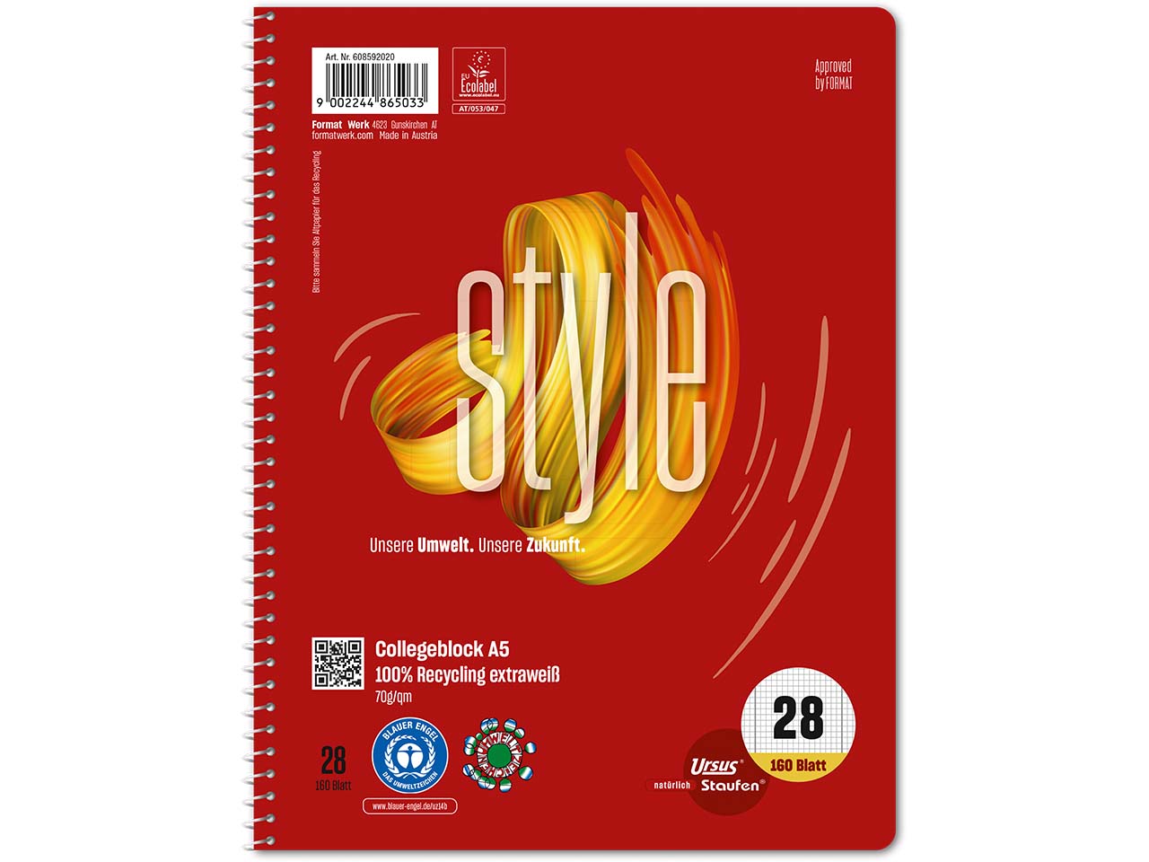 Staufen 'Style' Collegeblock DIN A5 kariert, 160 Blatt, 70 g/m², Lineatur 28