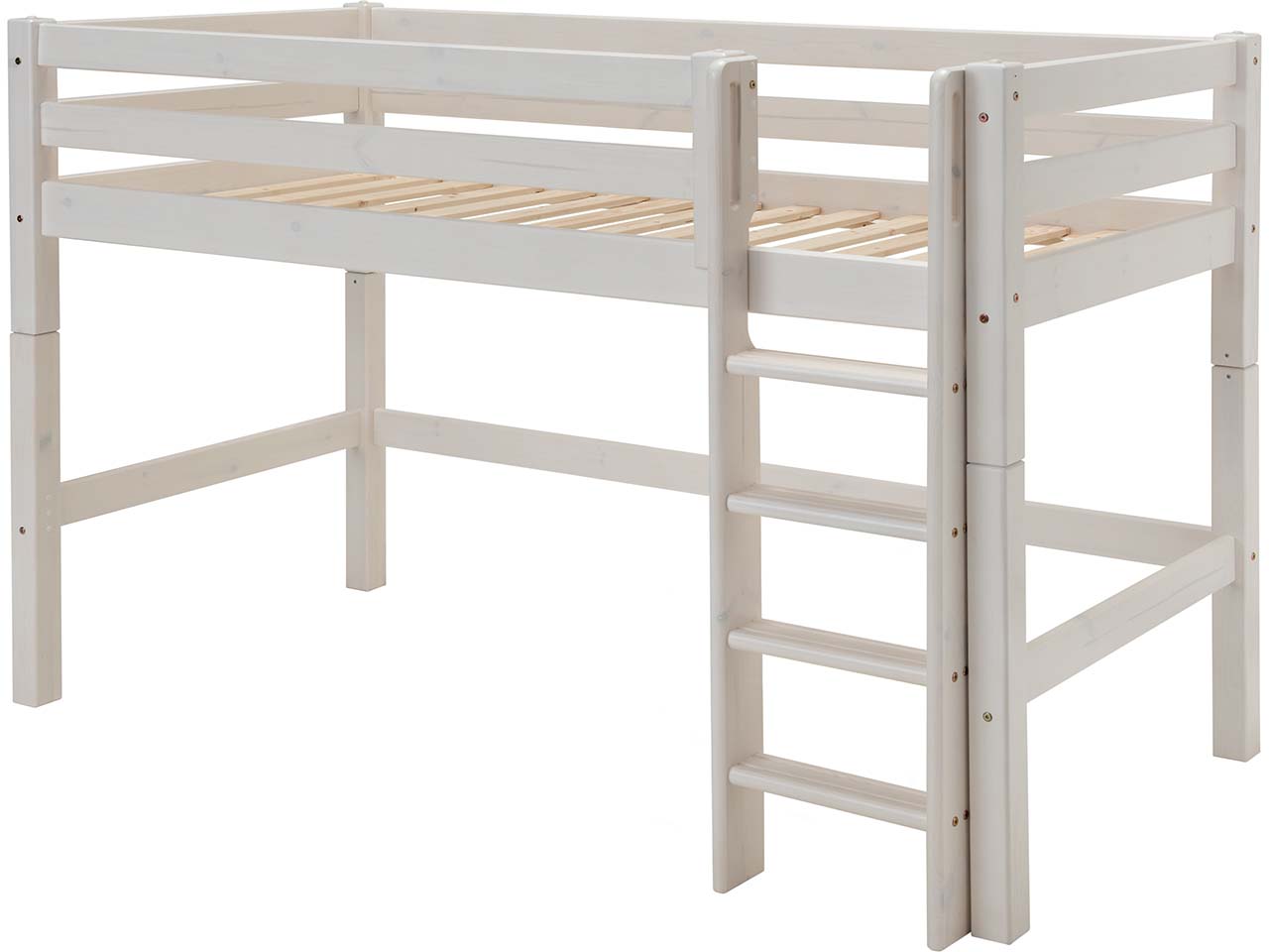 Hochbett "Infanskids" mittelhoch, B90xT200xH140 cm, Leiter gerade, Kiefer weiß