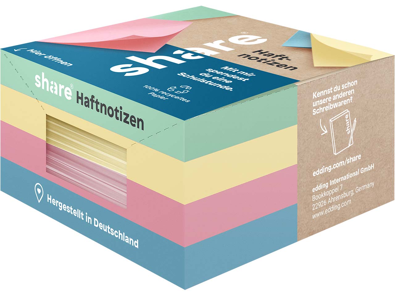 share Haftnotizen 75 x 75 mm, 4 x 100 Blatt, farbig sortiert
