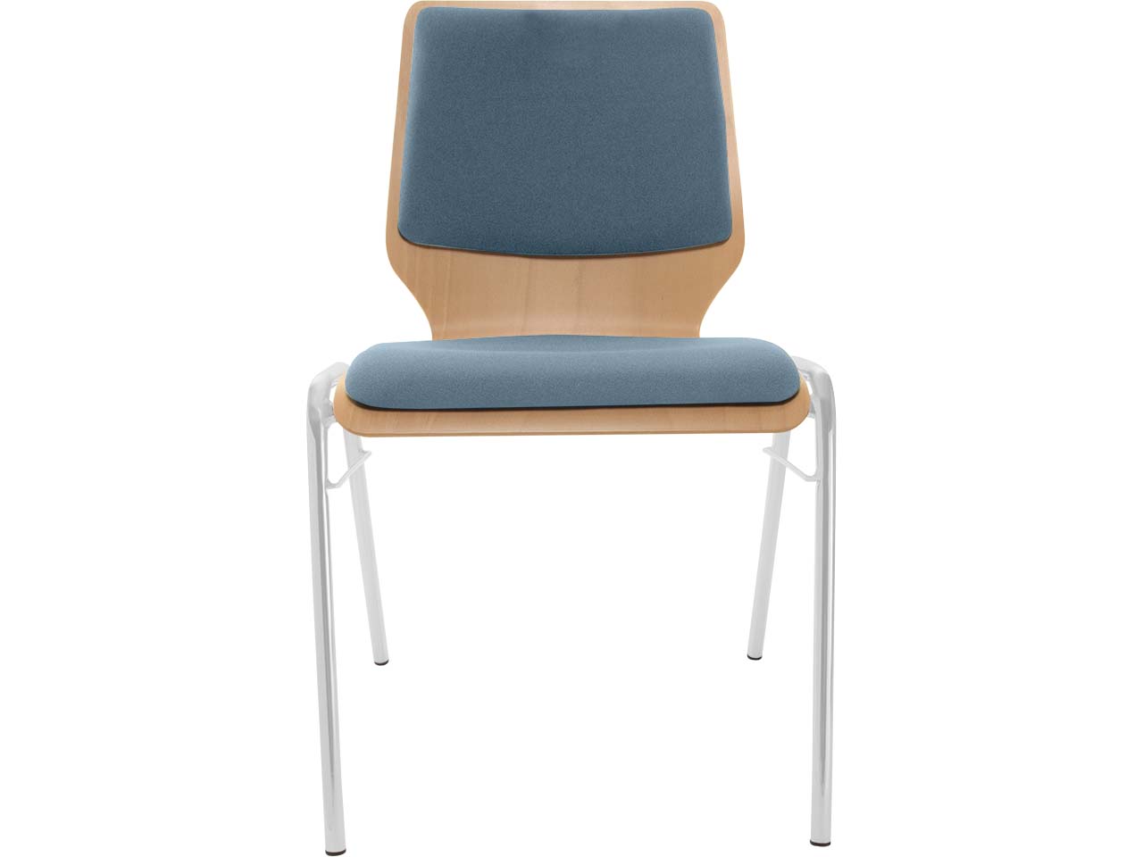 Besucherstuhl "A2" Buche lackiert, Gestell silber, Steg, Sitz- und Rückenpolster stahlblau