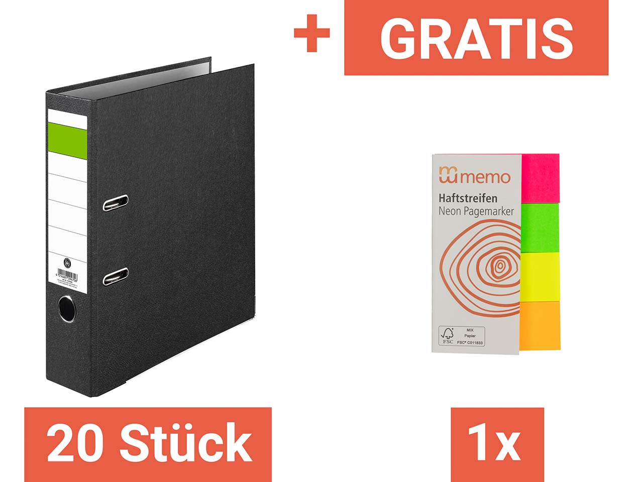 20 Ordner “Economy” Rückenbreite 8 cm + Gratis memo Haftstreifen “Neon Marker”