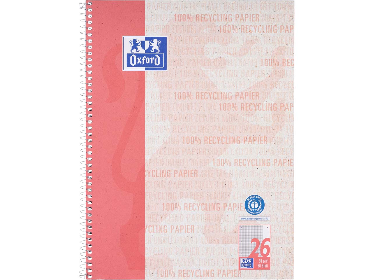 OXFORD Recycling Collegeblock A4+, 80 Blatt, kariert mit weißem Rand rechts, 90g/m²
