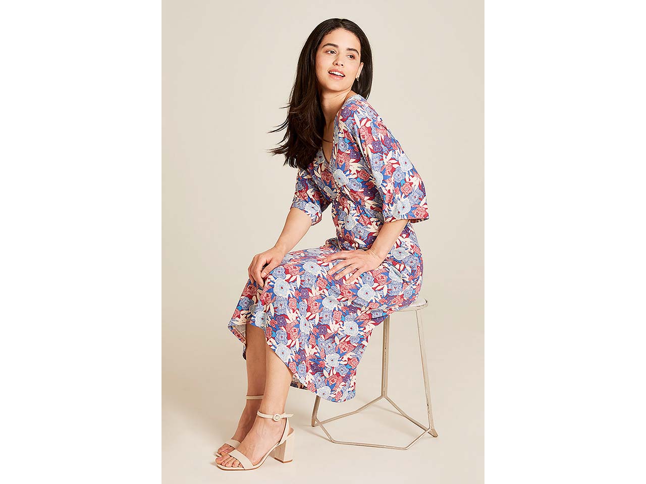 tranquillo Damen-Midi-Kleid mit weiten 3/4-Ärmel, blue bloom, Gr. S