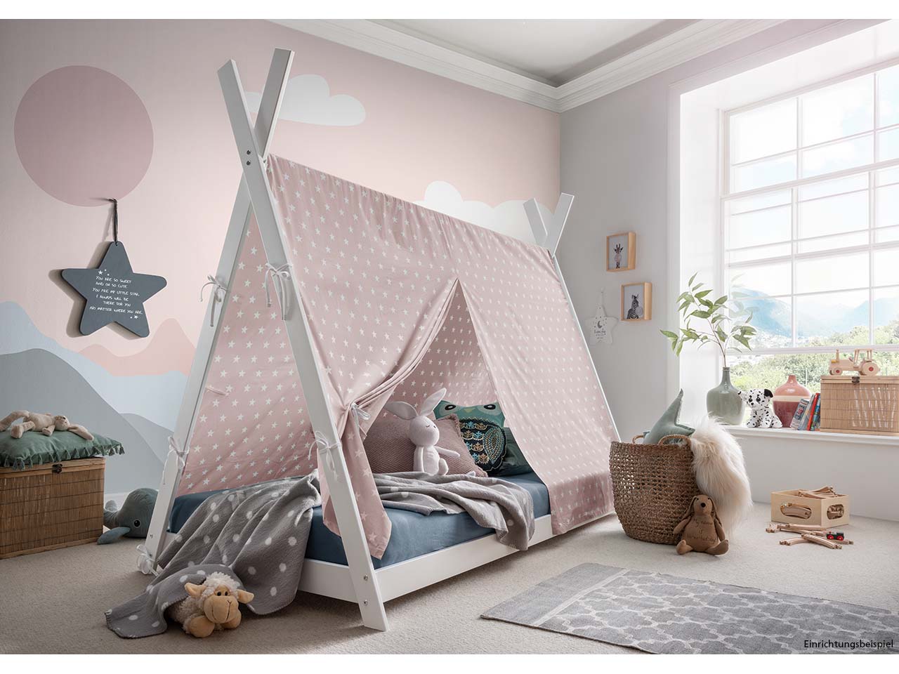 Kinderbett "Pinocchio" mit Bezug rosa, Buche weiß lackiert, Tipibett