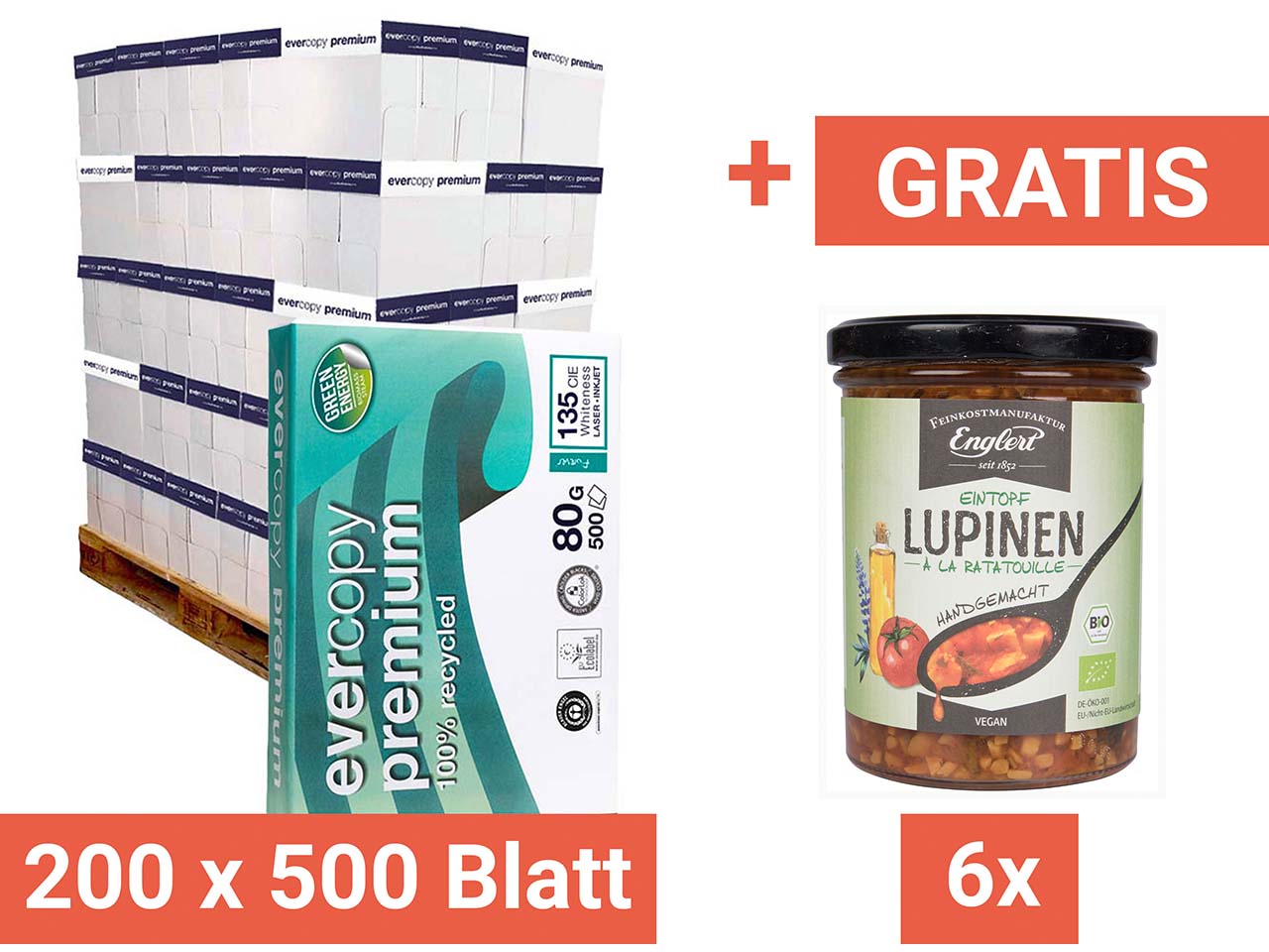 200x500Blatt Multifunkt. Recycl.-Kopierpapier "EvercopyPremium"DINA4+Gratis BioRatatouille