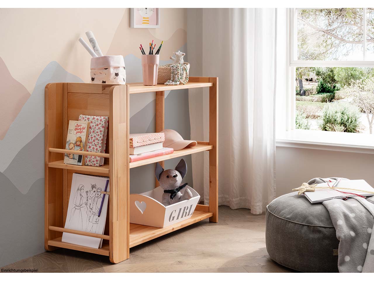 Kinderregal 'Montessori' B90xT38xH75cm, Bücherregal seitlich, Buche geölt