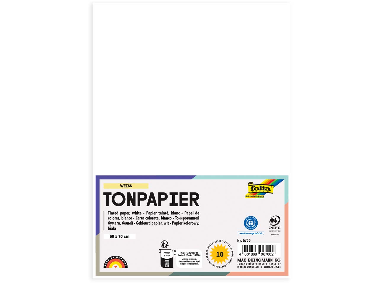 folia Tonpapier, 130 g/m², 50 x 70 cm, 10 Bogen, weiß