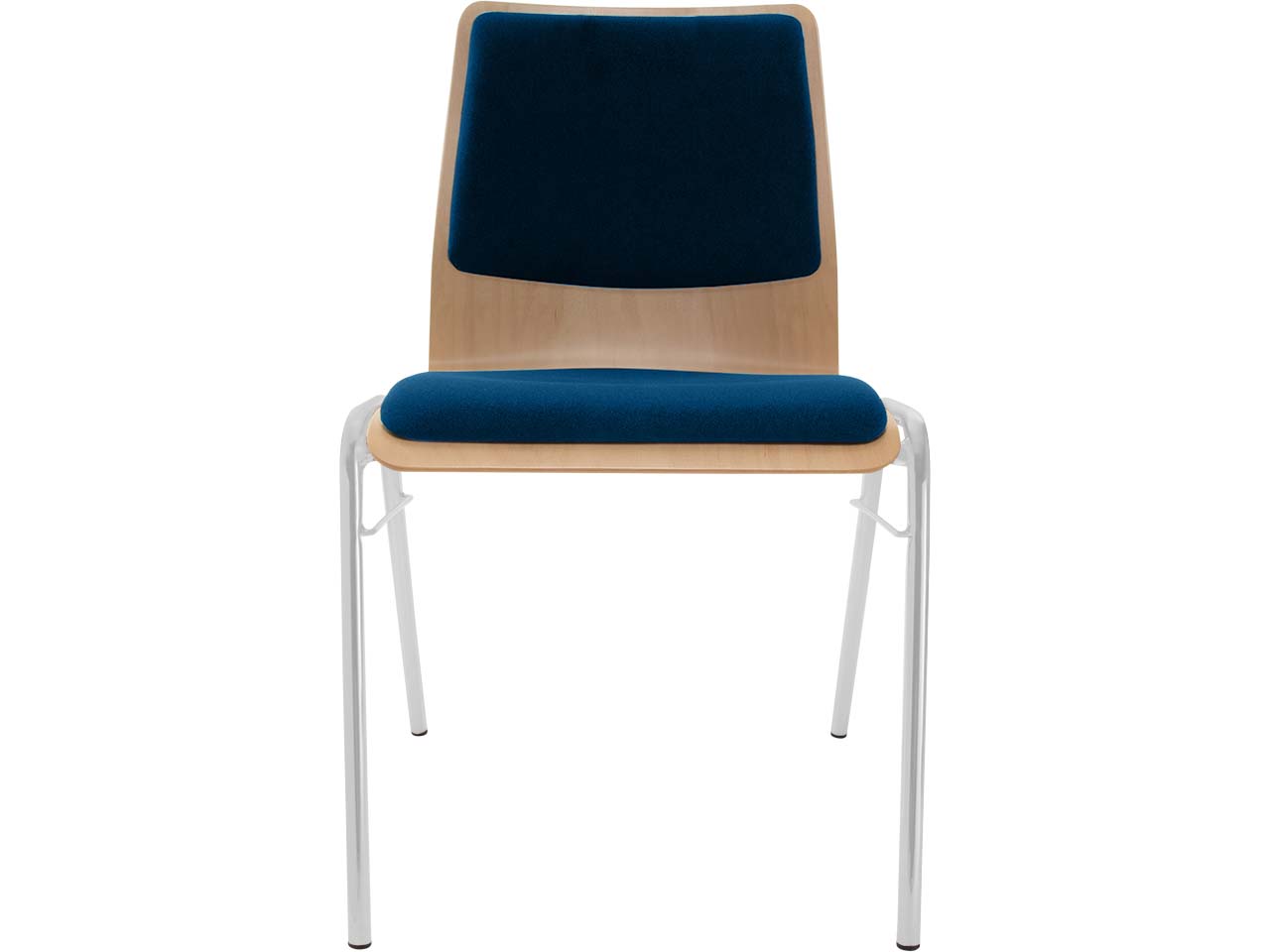 Besucherstuhl "A1" Buche lackiert, Gestell silber, Steg, Sitz- und Rückenpolster blau