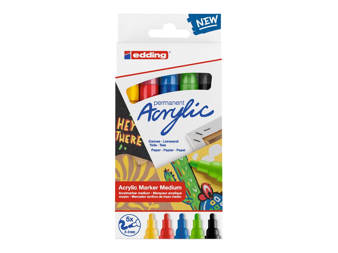5er Set edding Acrylmarker "Acrylic 5100" basic, Rundspitze 2-3mm, farbig sortiert