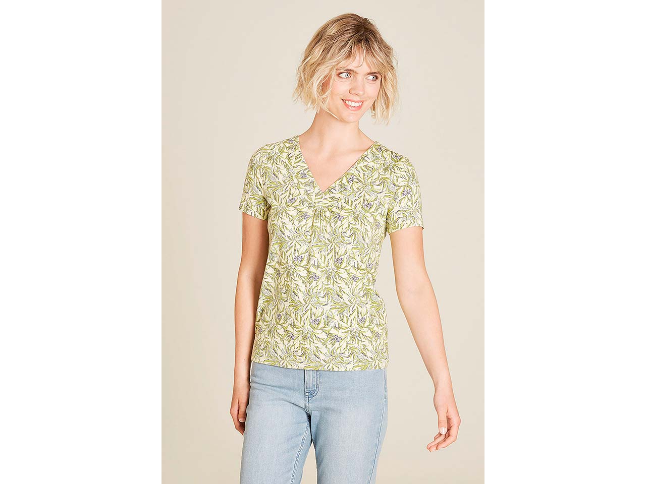 tranquillo Bio-Damen-T-Shirt mit abgesetztem V-Ausschnitt, summer leafs, Gr. S