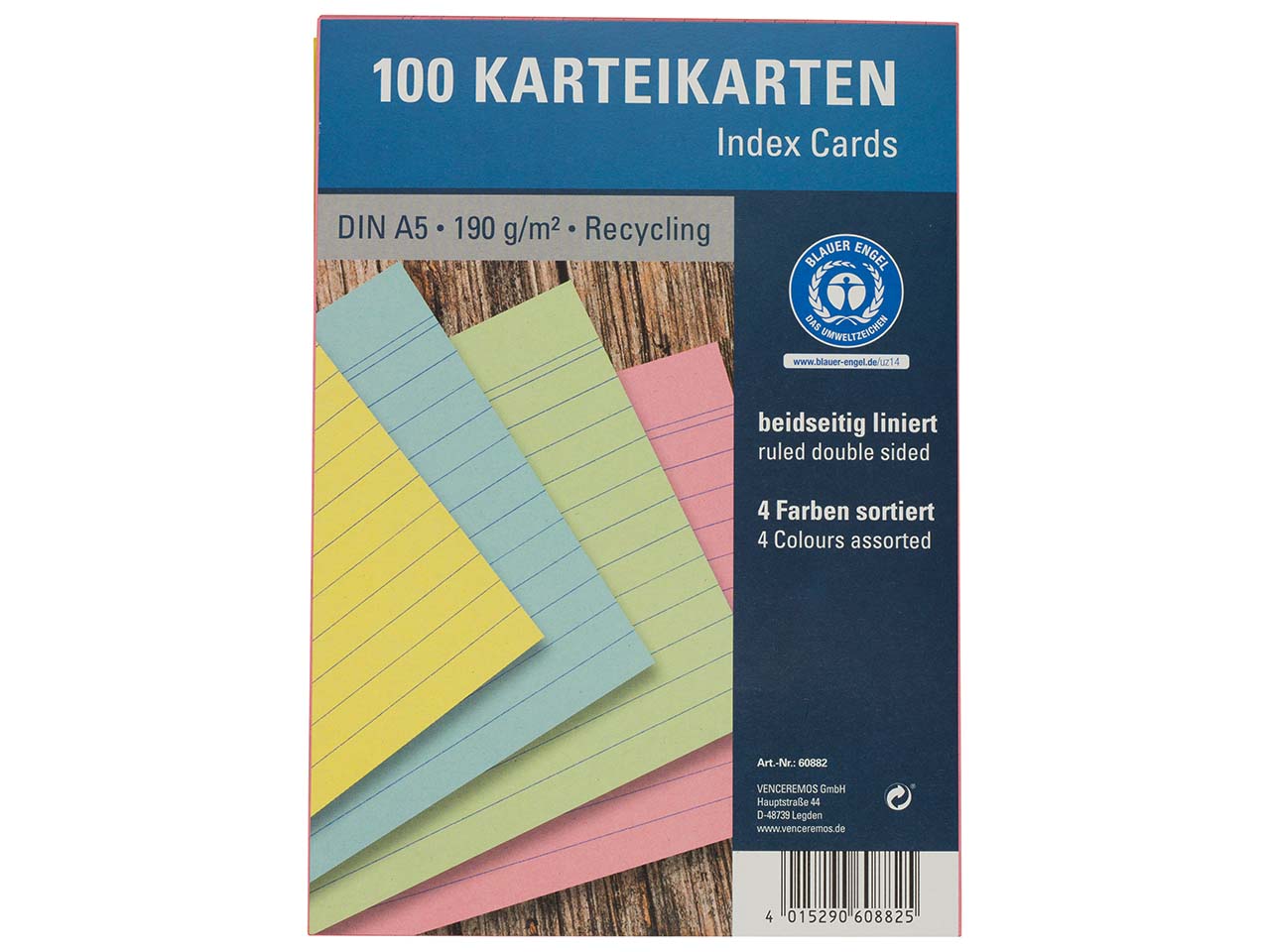 100 Karteikarten aus Recyclingkarton 190 g/m² DIN A5, farbig sortiert