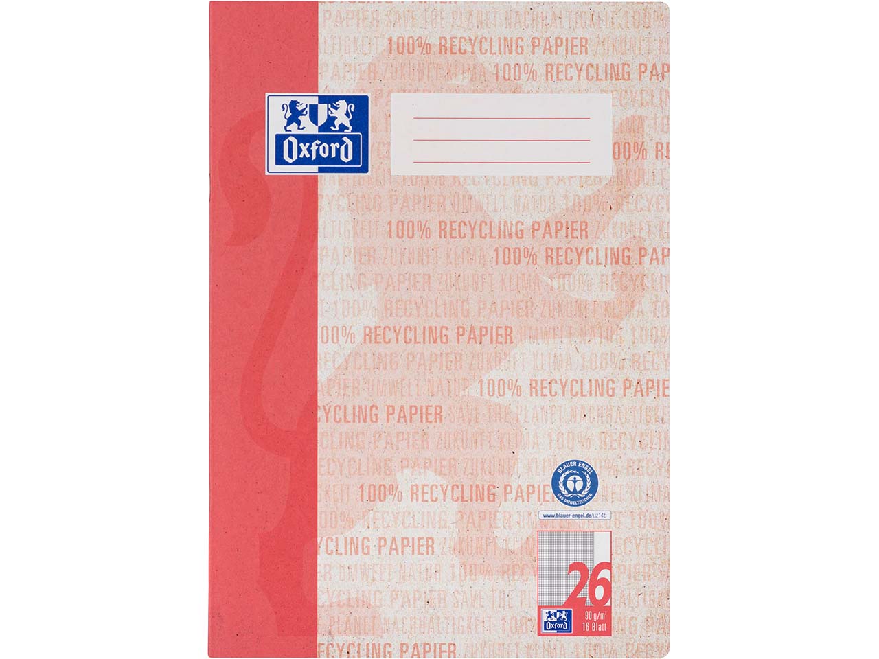 OXFORD Recycling-Schulheft A4, 16 Blatt, Lineatur 26 (kariert, weißer Rand rechts) 90 g/m²