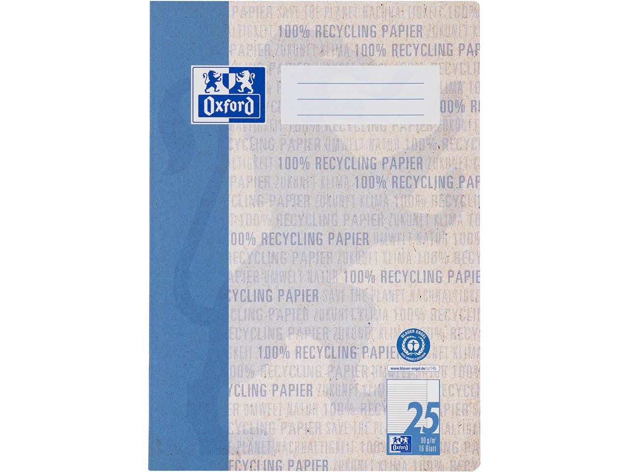 OXFORD Recycling-Schulheft A4, 16 Blatt, Lineatur 25 (liniert, weißer Rand rechts) 90 g/m²