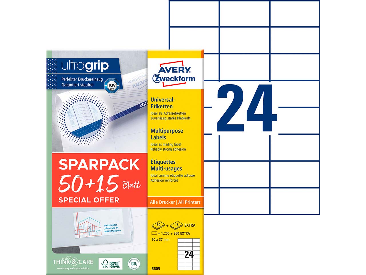 Avery Zweckform 1.560 Universaletiketten "6605" 50+15 Blatt, 70 x 37 mm