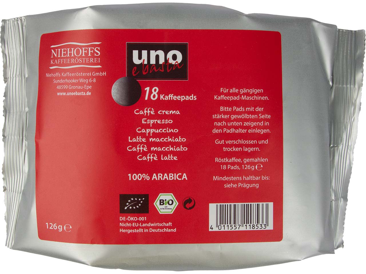 uno e basta Bio-Kaffeepads 18 Stück