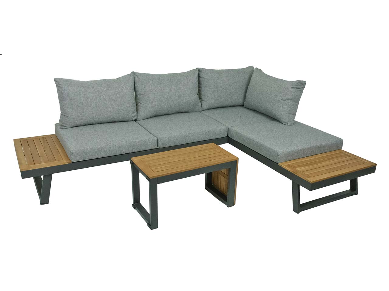 Gartenlounge-Set "FELICE" 3-tlg. 2 Sofas, 1 Tisch, Akazie, Alu schwarz, Textil grau