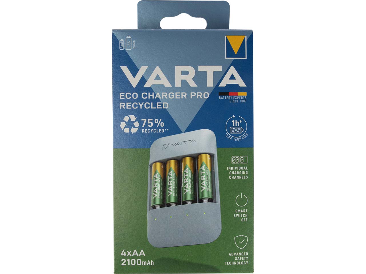 Varta Ladegerät "Eco Pro" inkl. 4 Varta Akkus "Recycled" Mignon AA, 2.100 mAh, USB-C Lade.
