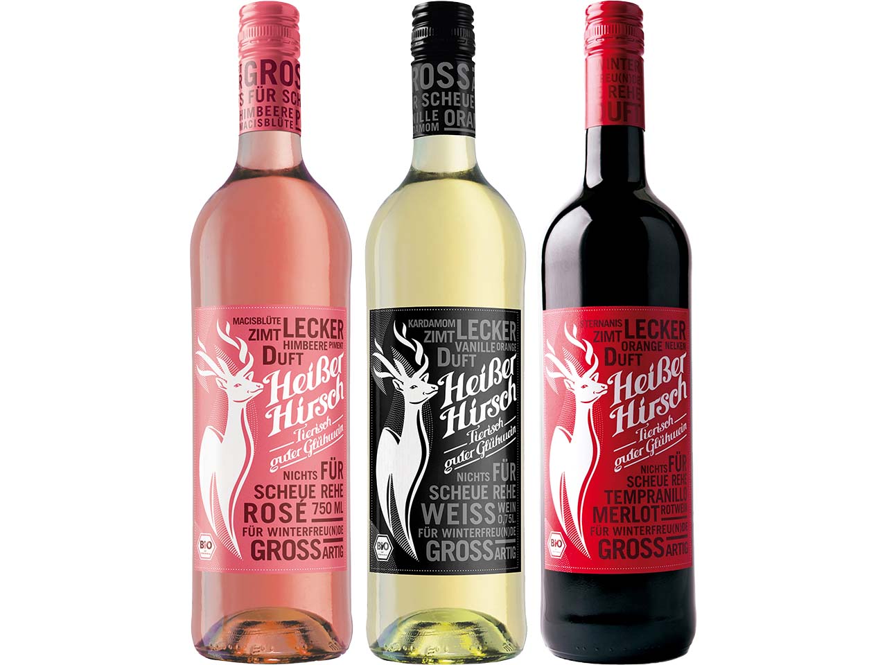 Bio-Glühwein Paket "Heißer Hirsch" weiß, rosé, rot, 3 x 0,75 l