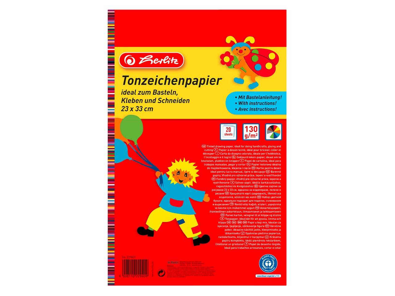herlitz Tonzeichenpapier, 33 x 23 cm, 130 g/m², sortierte Farben, 20 Blatt