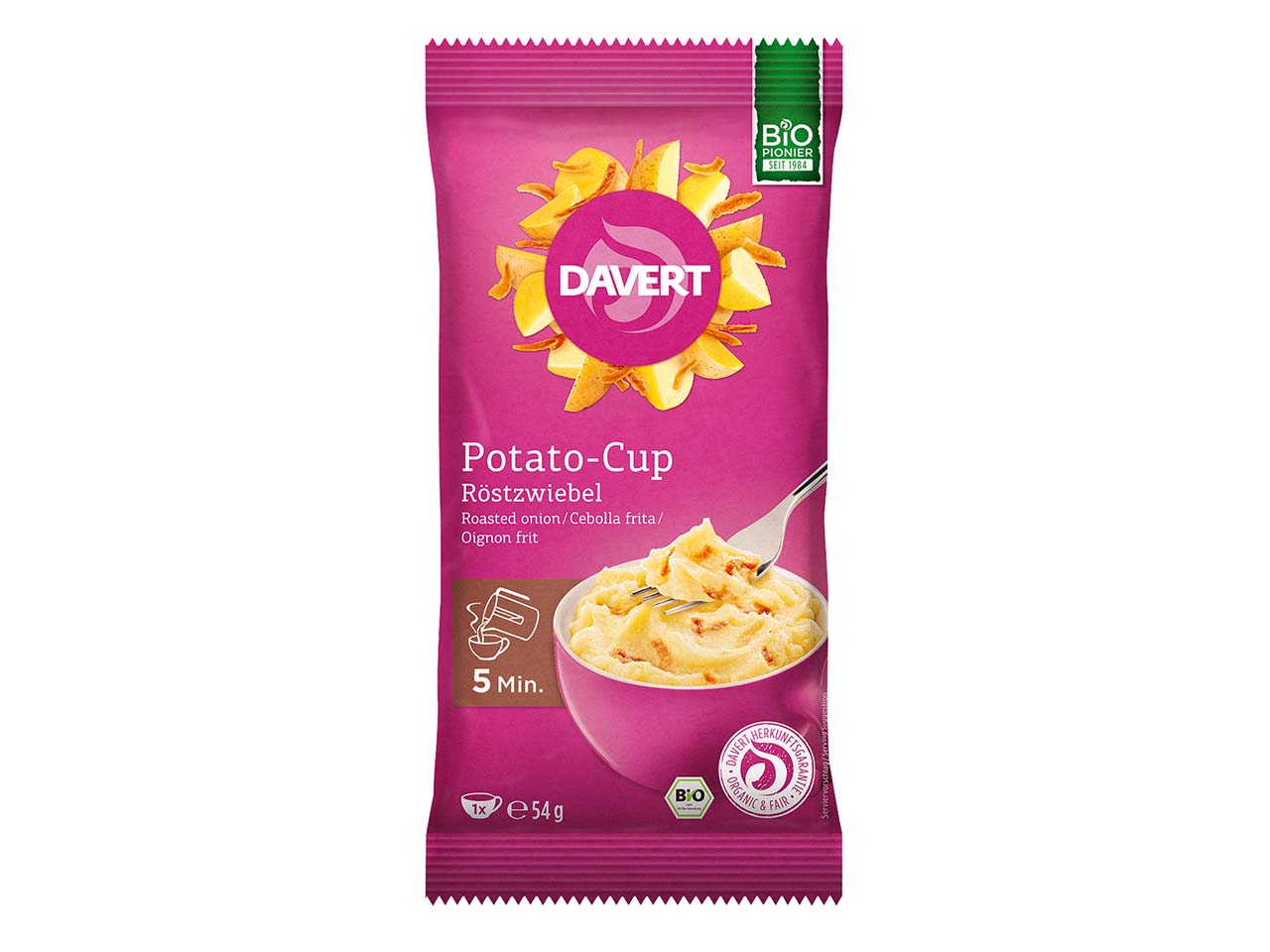 Davert Bio-Kartoffelpüree mit Röstzwiebeln, 'Potato-Cup' 54 g