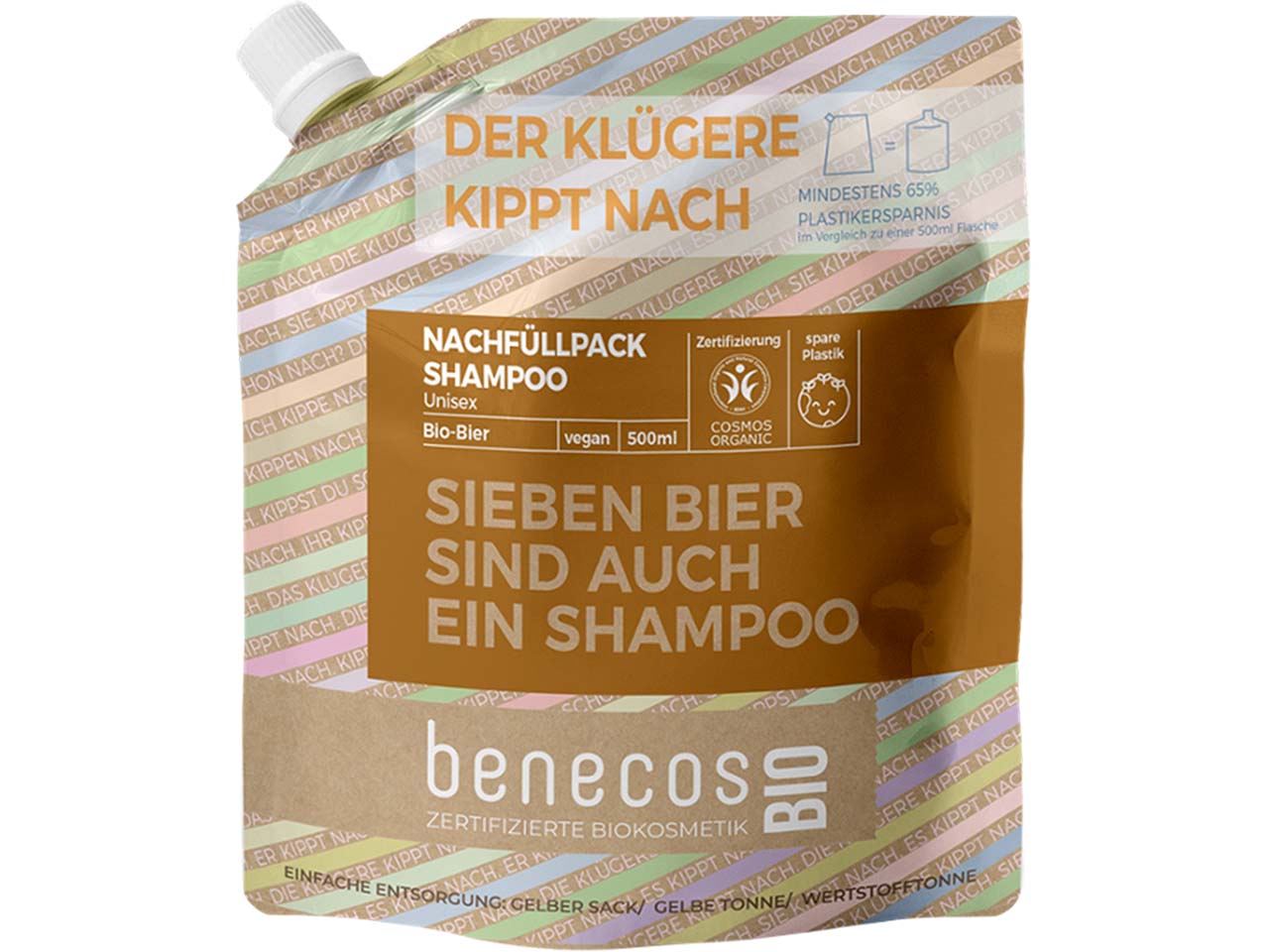 benecos Bio-Shampoo-Nachfüllbeutel 'Unisex' mit Bio-Bier, 500 ml